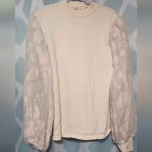 Flying Tomato Cream Sweater with Sheer Floral Balloon Sleeves